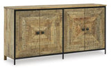 Ashley Furniture Camney Accent Cabinet showing a stylish wooden storage cabinet with a smooth finish and decorative hardware.