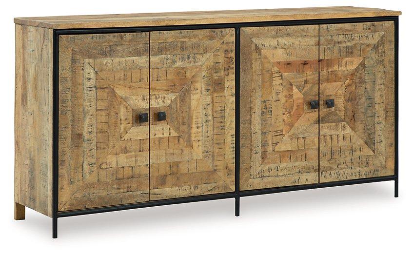 Ashley Furniture Camney Accent Cabinet showing a stylish wooden storage unit with doors and decorative hardware.
