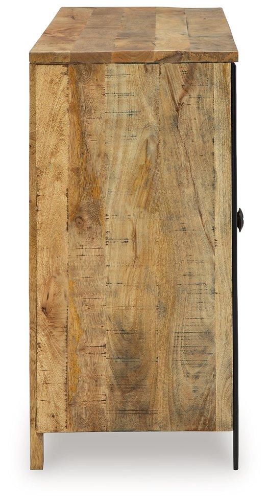 Ashley Furniture Camney Accent Cabinet showing a stylish wooden storage cabinet with decorative hardware and a smooth finish.