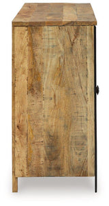 Ashley Furniture Camney Accent Cabinet showing a stylish wooden storage cabinet with decorative hardware and a smooth finish.