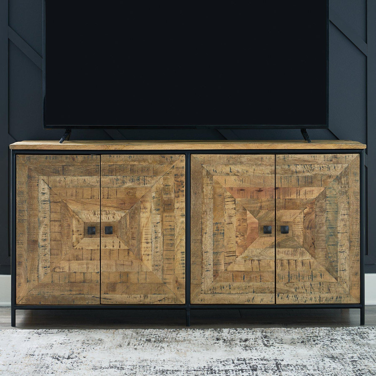 Ashley Furniture Camney Accent Cabinet with wood finish and modern design, featuring storage cabinets and decorative top surface.
