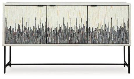 Ashley Furniture Freyton Accent Cabinet with wood finish, featuring storage drawers and a modern design for living room decor.