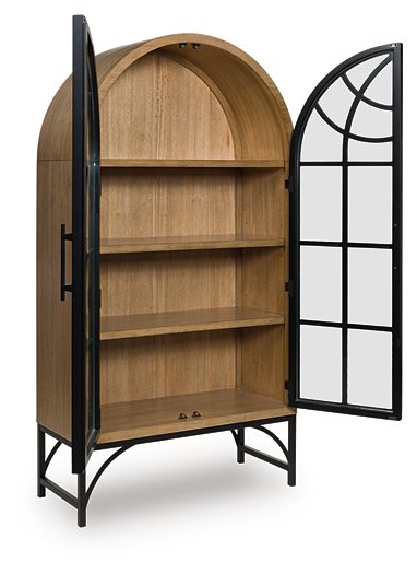 Open-angle view of Ashley Furniture Gwenwich Accent Cabinet with wood finish, showcasing its elegant design and storage space.