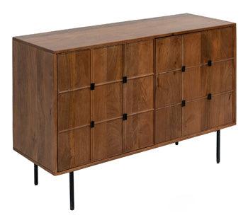 Ashley Furniture Juddins Accent Cabinet with wood finish and gold hardware, featuring two doors and storage shelves.