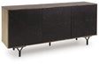 Ashley Furniture Lavinmont accent cabinet in warm wood finish with sleek doors, stylish storage for living or dining room decor.