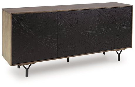 Ashley Furniture Lavinmont accent cabinet in warm wood finish with sleek doors, stylish storage for living or dining room decor.