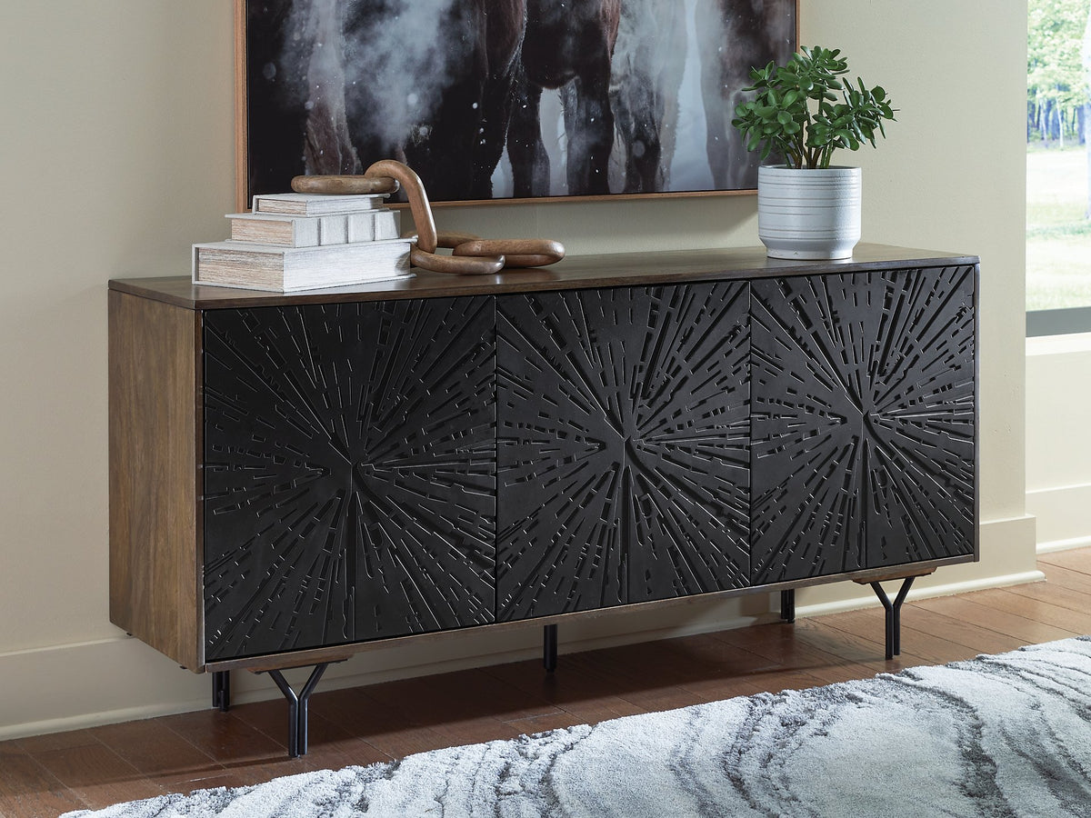 Ashley Furniture Lavinmont accent cabinet with dark wood finish, featuring sleek design and storage compartments.