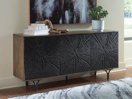 Ashley Furniture Lavinmont accent cabinet with dark wood finish, featuring sleek design and storage compartments.