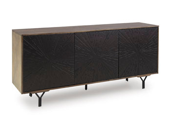 Ashley Furniture Lavinmont Accent Cabinet with closed doors, dark wood finish, and sleek modern design.