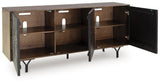 Ashley Furniture Lavinmont Accent Cabinet with open doors, showcasing interior storage and stylish wood finish.