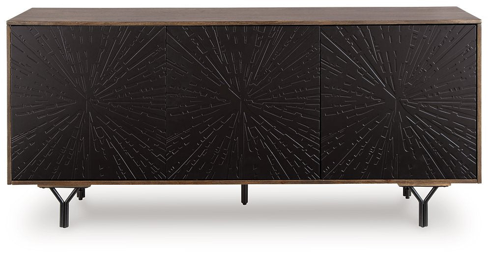 Ashley Furniture Lavinmont Accent Cabinet with dark wood finish and sleek design, shown front view with cabinet doors and hardware.