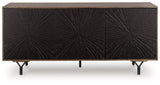Ashley Furniture Lavinmont Accent Cabinet with dark wood finish and sleek design, shown front view with cabinet doors and hardware.