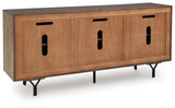 Ashley Furniture Lavinmont accent cabinet with a dark wood finish and sleek design, shown from the back with decorative details.