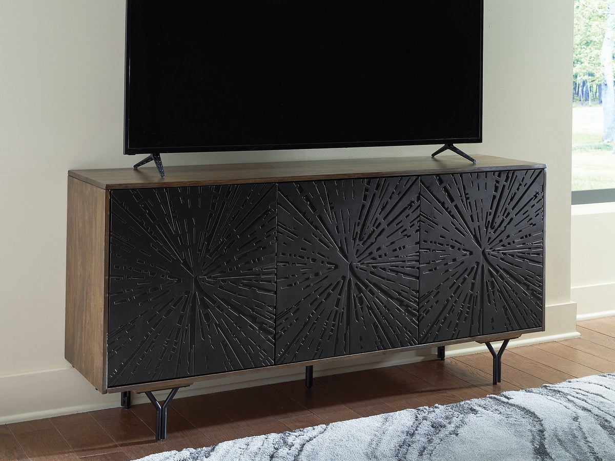 Ashley Furniture Lavinmont Accent Cabinet with sleek wood finish and modern design, featuring two cabinet doors and storage space.