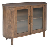 Ashley Furniture Mayridge accent cabinet with wood finish and modern design, featuring storage drawers and decorative hardware.