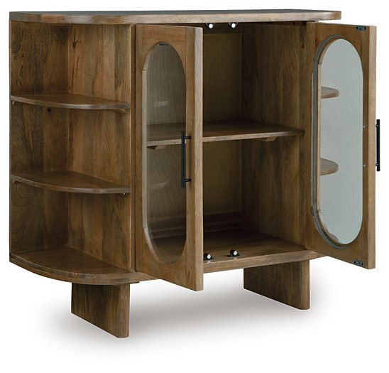 Open view of Ashley Furniture Niall Accent Cabinet showing its stylish wooden finish and storage compartments.