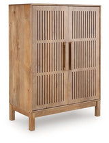 Ashley Furniture Pellamour Bar Cabinet, accent cabinet with dark wood finish and closed storage, shown from an angled view.