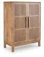 Ashley Furniture Pellamour Bar Cabinet, accent cabinet with dark wood finish and closed storage, shown from an angled view.