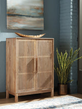 Ashley Furniture Pellamour accent bar cabinet with wood finish and sleek design, featuring doors and storage compartments.
