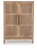 Ashley Furniture Pellamour accent bar cabinet with sleek wood finish and modern design, featuring storage shelves and a stylish top surface.