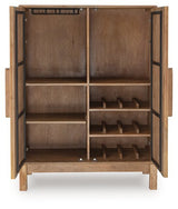 Open Ashley Furniture Pellamour Bar Cabinet accent cabinet showing interior shelves and storage space in a modern design.