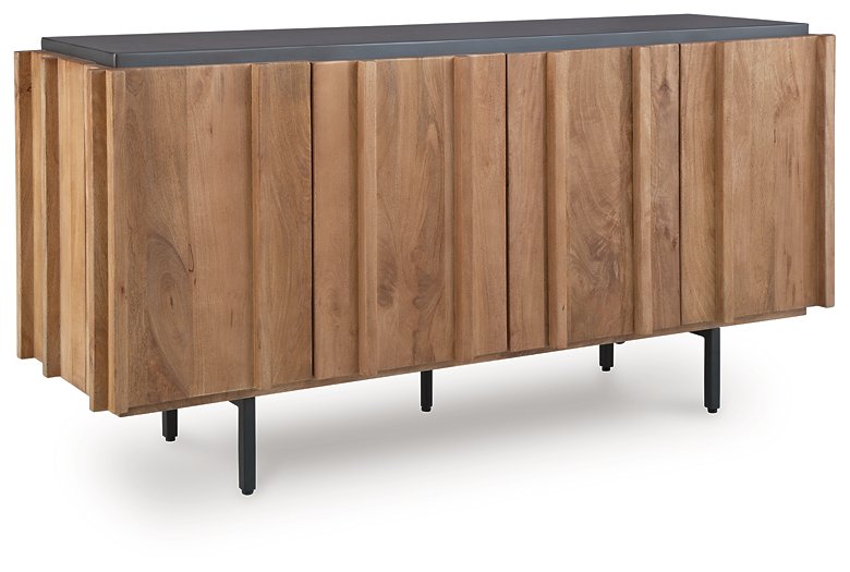 Ashley Furniture Quintavious Accent Cabinet with wood finish and stylish design, shown from an angled closed view.