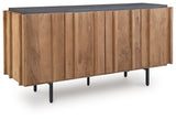 Ashley Furniture Quintavious Accent Cabinet with wood finish and stylish design, shown from an angled closed view.