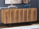 Ashley Furniture Quintavious accent cabinet with dark wood finish and decorative hardware, ideal for stylish home storage.