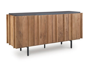 Ashley Furniture Quintavious Accent Cabinet with closed doors, dark wood finish, and sleek design, ideal for stylish storage.