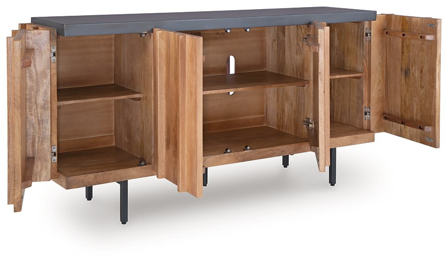 Ashley Furniture Quintavious Accent Cabinet with open doors, showing storage and elegant wood finish.