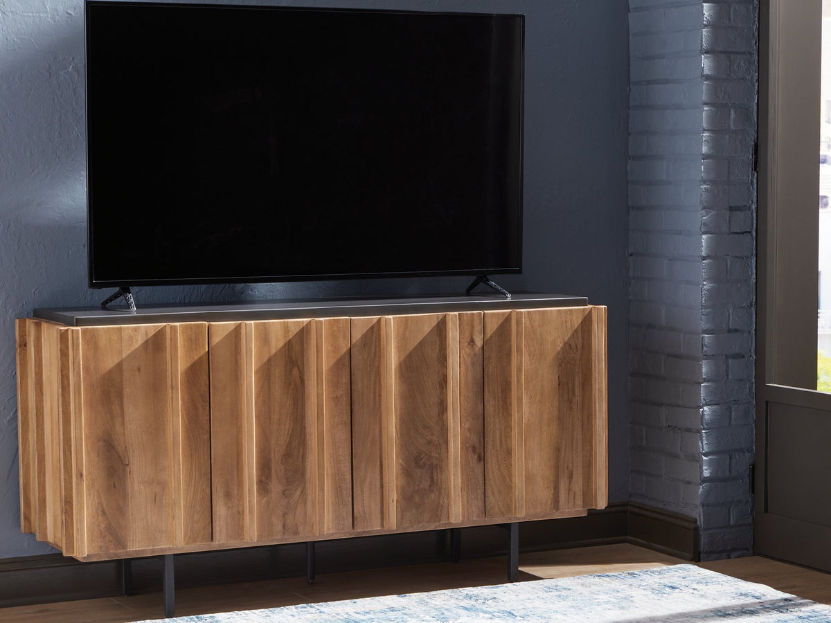 Ashley Furniture Quintavious accent cabinet with wooden finish and decorative hardware, ideal for stylish storage in living spaces.