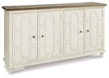 Ashley Furniture Roranville accent cabinet with wood finish, featuring doors and storage compartments, ideal for living room decor.
