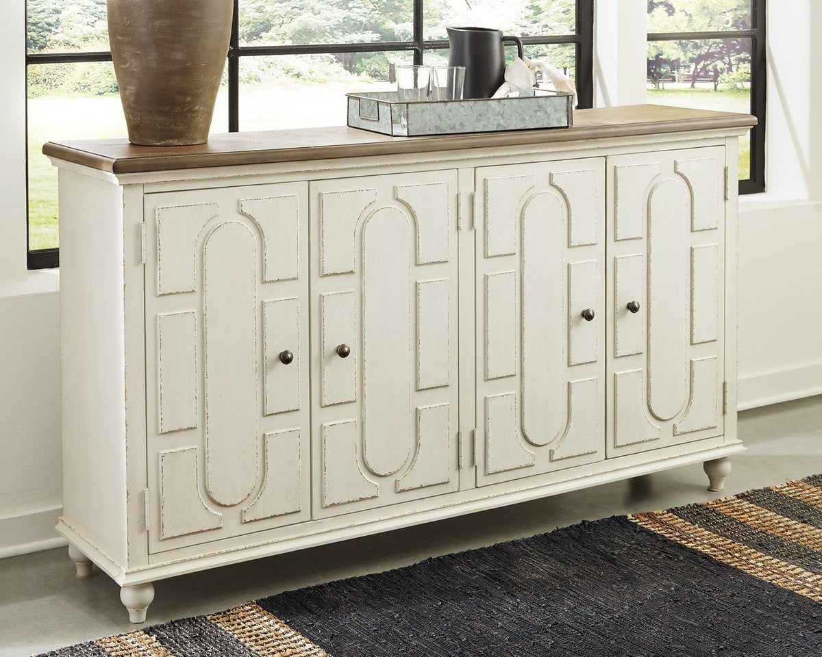 Ashley Furniture Roranville accent cabinet with wood finish, featuring storage compartments and decorative design.