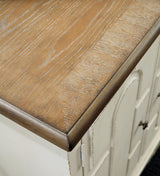 Ashley Furniture Roranville accent cabinet with wood finish, featuring storage drawers and decorative design.