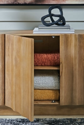Ashley Furniture Timkins Accent Cabinet with wood finish and decorative hardware, featuring a stylish storage design.