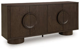 Ashley Furniture Veeda Accent Cabinet with closed doors, featuring a sleek design and wooden finish, shown from an angled perspective.