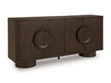 Ashley Furniture Veeda Accent Cabinet with closed doors, showcasing a sleek, stylish storage piece for living room or hallway decor.