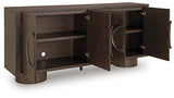 Ashley Furniture Veeda Accent Cabinet shown open, featuring wooden shelves and stylish design for living room or entryway use.