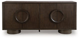 Ashley Furniture Veeda Accent Cabinet showing a sleek wooden design with cabinet doors and modern hardware.