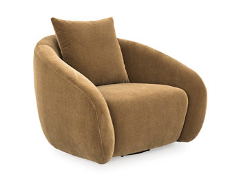 Ashley Furniture Yahya Swivel Accent Chair with wooden legs and plush upholstery, viewed from an angle highlighting its stylish design.