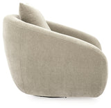 Ashley Furniture Yahya swivel accent chair with plush upholstery and wooden legs, shown from a side angle.
