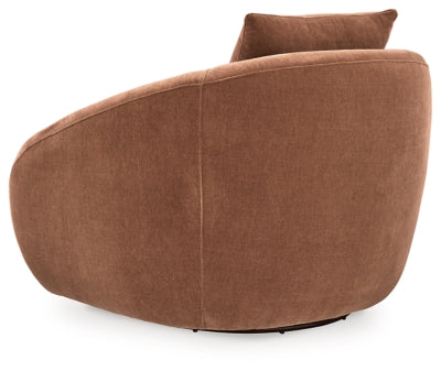 Ashley Furniture Yahya swivel accent chair with plush upholstery and wooden legs, shown from the back in a modern living room setting.