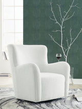 Ashley Furniture Rowenburg swivel glider accent chair with plush fabric and curved armrests in a cozy living room setting.