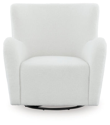 Ashley Furniture Rowenburg swivel glider accent chair with plush upholstery and wooden base, shown from a head-on perspective.