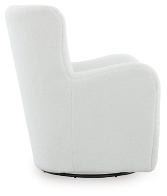 Ashley Furniture Rowenburg swivel glider accent chair shown from the side with plush upholstery and a modern design.