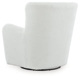 Ashley Furniture Rowenburg Swivel Glider Accent Chair with plush fabric and wooden base, shown from the back in a cozy living space.