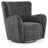 Ashley Furniture Rowenburg swivel glider accent chair with plush upholstery and wooden base, shown from an angled side view.