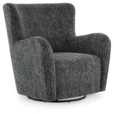 Ashley Furniture Rowenburg swivel glider accent chair with plush upholstery and wooden base, shown from an angled side view.
