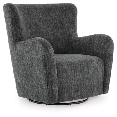 Ashley Furniture Rowenburg swivel glider accent chair with plush upholstery and wooden base, shown from an angled side view.