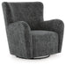 Ashley Furniture Rowenburg swivel glider accent chair with plush upholstery and wooden base, shown from an angled side view.